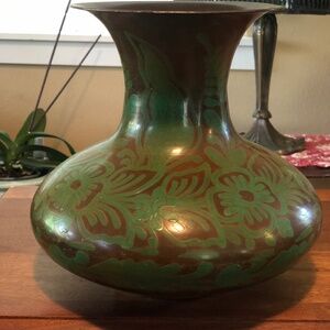 Beautiful Copper Color Metal Vase with Green Floral Design